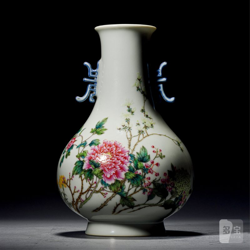 近现代 吴德祖画、王泉水设色景德镇工艺美术瓷厂珐琅彩「春艳图」寿字耳赏瓶